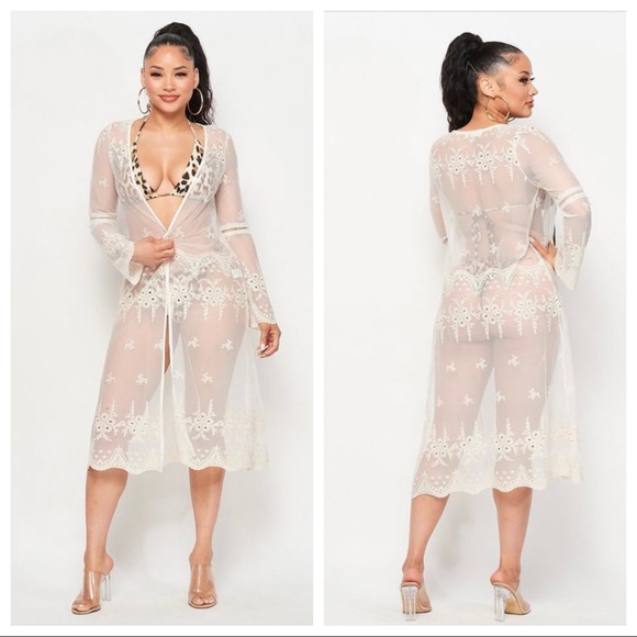 White Embroidery Mesh Beach Cover Up Cardigan - Picture 3 of 4